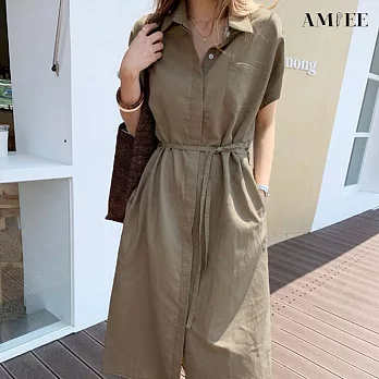 【AMIEE】日系OL顯瘦襯衫洋裝(KDDY-3966) F 灰綠