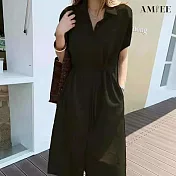 【AMIEE】日系OL顯瘦襯衫洋裝(KDDY-3966) F 黑色