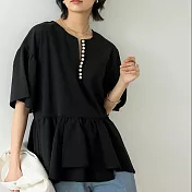 【ACheter】 日系氣質襯衫珍珠裝飾v領不規則寬鬆短袖短版上衣# 117013 FREE 黑色