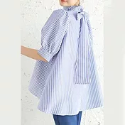 【ACheter】 夏季薄燈籠短袖蝴蝶結繫帶立領寬鬆純色條紋短版上衣# 117017 FREE 藍色