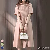 【ACheter】 韓版寬鬆設計感圓領短袖風琴褶遮肉顯瘦中長版亞麻感連身裙洋裝# 117061 2XL 粉紅色
