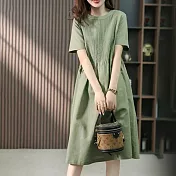 【ACheter】 韓版寬鬆設計感圓領短袖風琴褶遮肉顯瘦中長版亞麻感連身裙洋裝# 117061 2XL 綠色