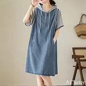 【ACheter】 中長版直筒裙寬鬆顯瘦拼接短袖連帽牛仔連身裙洋裝# 117062 L 牛仔藍色