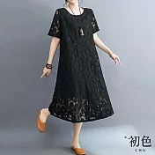 【初色】文藝蕾絲圓領寬鬆短袖顯瘦休閒連身裙洋裝-共5色-67923(M-2XL可選) 2XL 黑色