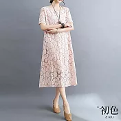 【初色】文藝蕾絲圓領寬鬆短袖顯瘦休閒連身裙洋裝-共5色-67923(M-2XL可選) L 粉色