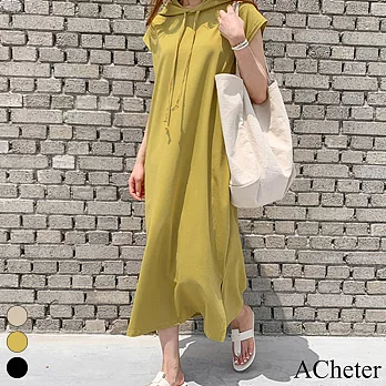 【ACheter】 韓版百搭無袖連帽寬鬆休閒連身裙洋裝# 117307 FREE 芥末黃色