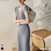 【MsMore】 V領氣質活力優雅俏皮舒適時髦連身裙針織修身別緻包臀長裙中長版洋裝# 117311 FREE 灰色