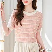 【MsMore】 圓領條紋冰絲針織短袖減齡透氣短版上衣# 117313 FREE 粉紅色