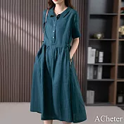 【ACheter】 孔雀藍大碼新款連身裙寬鬆襯衫領長版洋裝# 117369 2XL 藍色