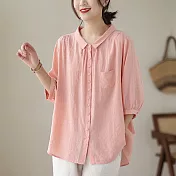 【ACheter】 襯衫七分袖上衣暗格時尚薄款洋氣純色棉麻寬鬆短版襯衫# 117372 L 粉紅色