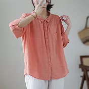 【ACheter】 襯衫七分袖上衣暗格時尚薄款洋氣純色棉麻寬鬆短版襯衫# 117372 L 橘紅色
