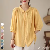 【ACheter】 襯衫七分袖上衣暗格時尚薄款洋氣純色棉麻寬鬆短版襯衫# 117372 L 黃色