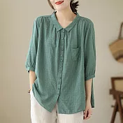 【ACheter】 襯衫七分袖上衣暗格時尚薄款洋氣純色棉麻寬鬆短版襯衫# 117372 L 綠色