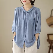 【ACheter】 襯衫七分袖上衣暗格時尚薄款洋氣純色棉麻寬鬆短版襯衫# 117372 L 藍色