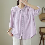 【ACheter】 襯衫七分袖上衣暗格時尚薄款洋氣純色棉麻寬鬆短版襯衫# 117372 L 紫色