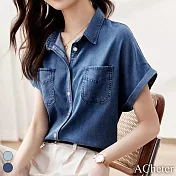 【ACheter】 牛仔襯衫短袖寬鬆上衣天絲感夏薄短版襯衫# 117380 L 深藍色