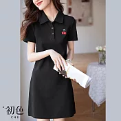 【初色】櫻桃刺繡POLO領短袖顯瘦連衣裙洋裝-黑色-67976(M-2XL可選) M 黑色