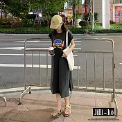 【Jilli~ko】原宿風街頭印花開衩背心連衣裙 J10652  FREE 黑色