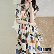 【Jilli~ko】復古塗鴉風彩色印花縮腰連衣裙 J10650  FREE 圖片色