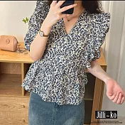 【Jilli~ko】碎花荷葉短袖縮腰氣質短版上衣 J10632  FREE 藍色