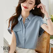 【初色】夏日輕薄翻領涼爽短袖襯衫上衣-共2色-67725(M-2XL可選) XL 藍色