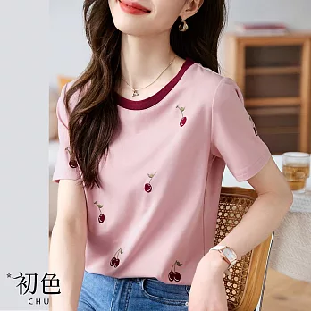 【初色】櫻桃刺繡透氣輕薄拚色圓領T恤上衣-粉紅色-67729(M-2XL可選) XL 粉紅色