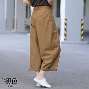 【初色】薄款文藝簡約素色直筒七分褲休閒褲-棕色-67039(M-2XL可選) XL 棕色