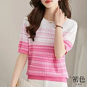 【初色】圓領針織條紋拼色短袖上衣-共2色-66714(F可選) F 粉紅