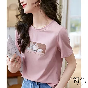 【初色】圓領花朵印花休閒T恤上衣-粉色-66729(M-2XL可選) XL 粉色