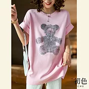 【初色】圓領卡通燙鑽小熊短袖T恤上衣-共3色-66690(M-2XL可選) M 粉紅色