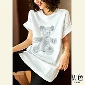 【初色】圓領卡通燙鑽小熊短袖T恤上衣-共3色-66690(M-2XL可選) XL 白色