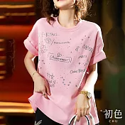【初色】休閒圓領塗鴉印花T恤上衣-共3色-66677(M-2XL可選) XL 粉紅色