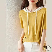 【初色】拼接連帽抽繩T恤上衣-黃色拼白色-66699(M-2XL可選) XL 黃色拼白