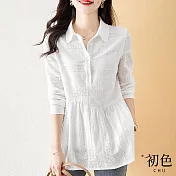 【初色】收腰顯瘦花紋襯衫領長袖上衣-白色-67055(M-2XL可選) 2XL 白色