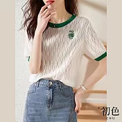 【初色】圓領拼色刺繡短袖針織毛衣T恤上衣-共3色-66739(F可選) F 綠色