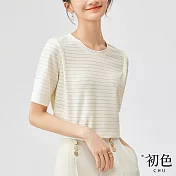 【初色】輕薄蕾絲條紋針織T恤上衣-杏色-67096(M-2XL可選) XL 杏色
