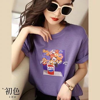 【初色】花朵印花圓領短袖T恤上衣-共2色-66755(M-2XL可選) M 加倫紫