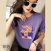 【初色】花朵印花圓領短袖T恤上衣-共2色-66755(M-2XL可選) XL 加倫紫