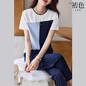 【初色】簡約風短袖圓領拼接T恤上衣-67736(M-2XL可選) XL 藍色