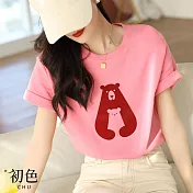 【初色】熊抱印花圓領短袖T恤上衣-共3色-66762(M-2XL可選) XL 粉色