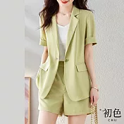 【初色】素色收腰休閒短袖西裝外套鬆緊高腰垂感西裝短褲套裝-淺綠色-67844(M-2XL可選) XL 淺綠色