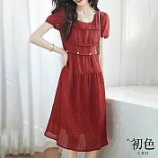 【初色】泡泡袖短袖方領收腰顯瘦中長裙連身裙洋裝-紅色-67859(M-2XL可選) M 紅色