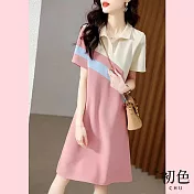 【初色】翻領撞色拼接修身連身短袖洋裝-粉色-62422(M-2XL可選) XL 粉色