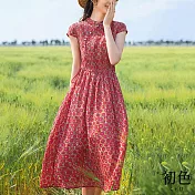 【初色】盤扣棉麻風碎花印花短袖洋裝-紅色-62737(M-2XL可選) M 紅色
