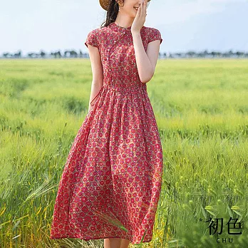 【初色】盤扣棉麻風碎花印花短袖洋裝-紅色-62737(M-2XL可選) M 紅色