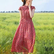 【初色】盤扣棉麻風碎花印花短袖洋裝-紅色-62737(M-2XL可選) XL 紅色