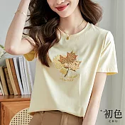 【初色】楓葉珠片印花圓領休閒T恤上衣-共2色-66942(M-2XL可選) M 黃色