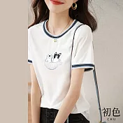 【初色】圓領休閒動物刺繡寬鬆T恤上衣-白色-66822(M-2XL可選) M 白色