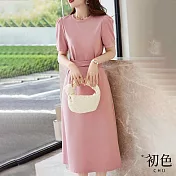 【初色】休閒圓領綁帶泡泡袖簡約洋裝-粉色-66980(M-2XL可選) M 粉色