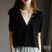【初色】假兩件拼接柔軟薄款針織衫上衣-共3色-66830(F可選) F 黑色